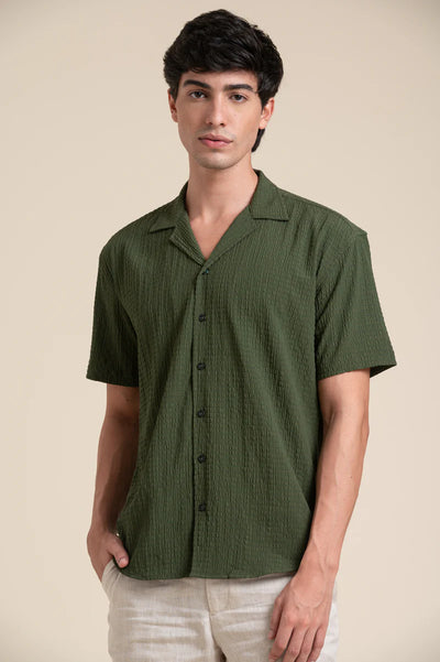 GREEN CUBAN COLLAR HALF SLEEVE SHIRT
