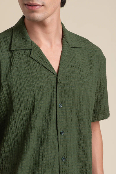 GREEN CUBAN COLLAR HALF SLEEVE SHIRT