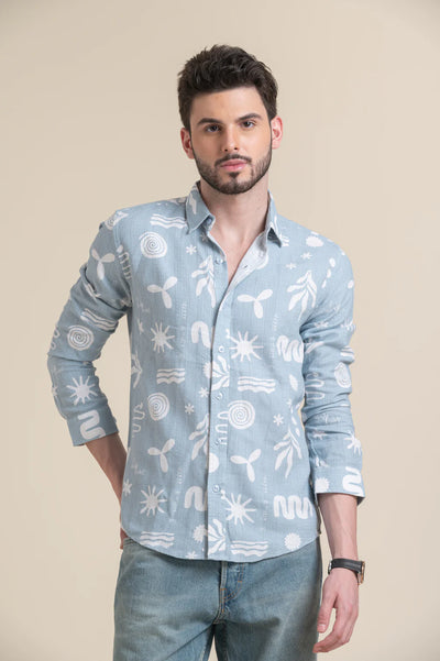 Sky Blue Printed Cotton Shirt