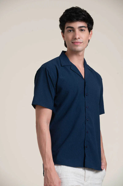 NAVY CUBAN COLLAR HALF SLEEVE SHIRT