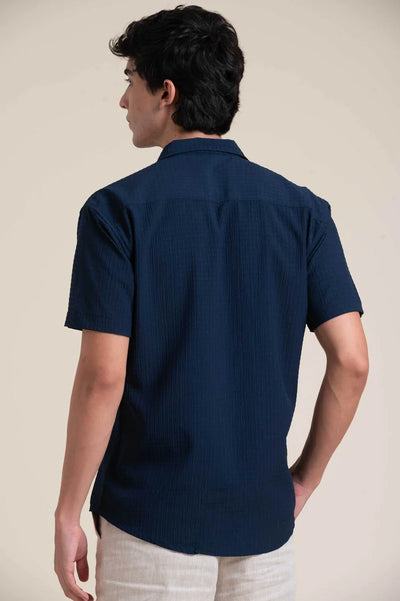 NAVY CUBAN COLLAR HALF SLEEVE SHIRT
