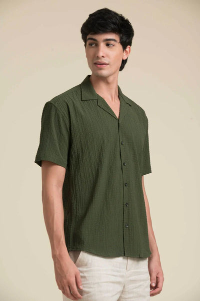 GREEN CUBAN COLLAR HALF SLEEVE SHIRT