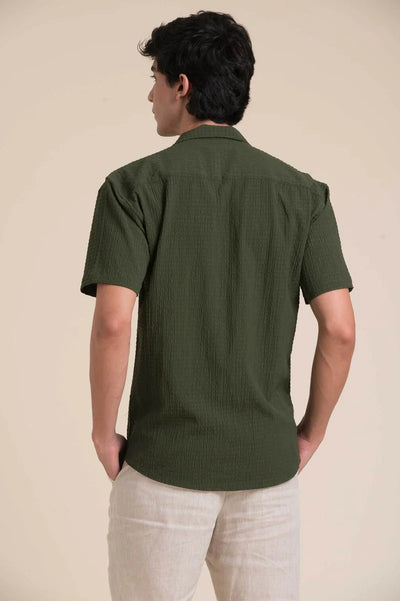 GREEN CUBAN COLLAR HALF SLEEVE SHIRT