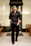 Midnight Black Casual Button-Down Shirt with Subtle Embroidered Logo
