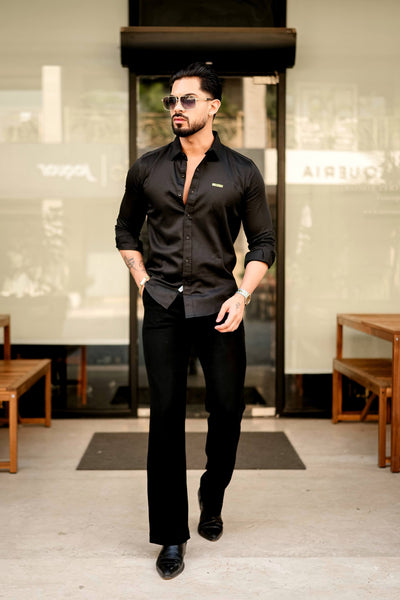 Midnight Black Casual Button-Down Shirt with Subtle Embroidered Logo