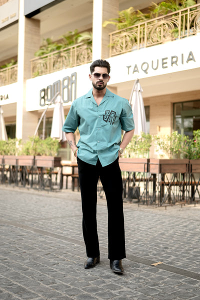 Soft CiyanCuban Collar Shirt with Tiger Back Print