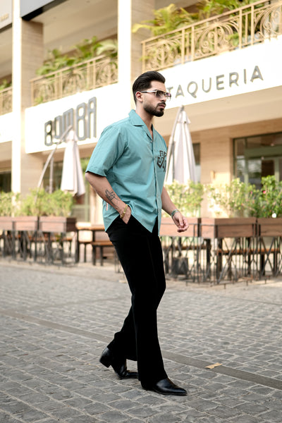 Soft CiyanCuban Collar Shirt with Tiger Back Print