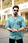 Teal Cuban Collar Shirt with Tiger Back Print