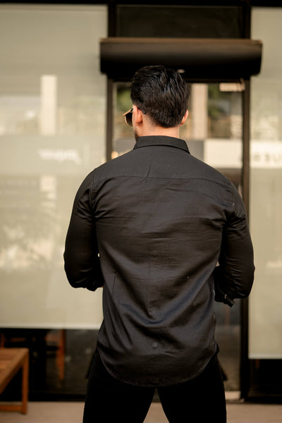 Midnight Black Casual Button-Down Shirt with Subtle Embroidered Logo