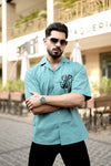 Teal Cuban Collar Shirt with Tiger Back Print