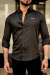 Midnight Black Casual Button-Down Shirt with Subtle Embroidered Logo