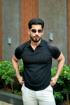 Black Textured Knit Polo T-Shirt