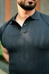 Black Textured Knit Polo T-Shirt